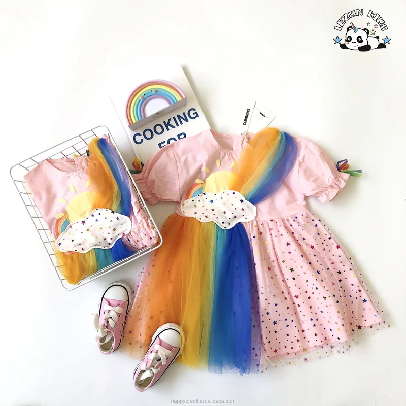 LEZONKIDS - 2023 New Summer Rainbow Clouds Rainbow Colors Stars Mesh Dress  Girl Dresses For Kids